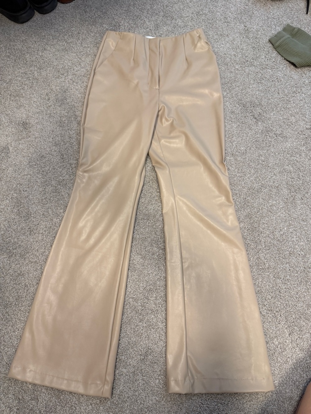 Faux Leather Flare Pants in Beige